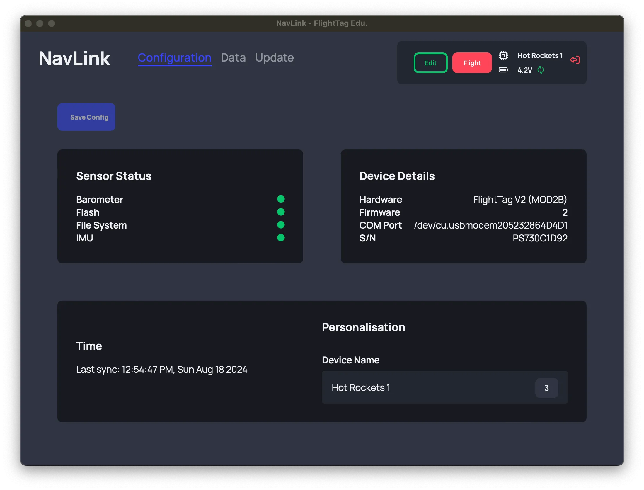 Flight computer configuration screen in the NavLink app.