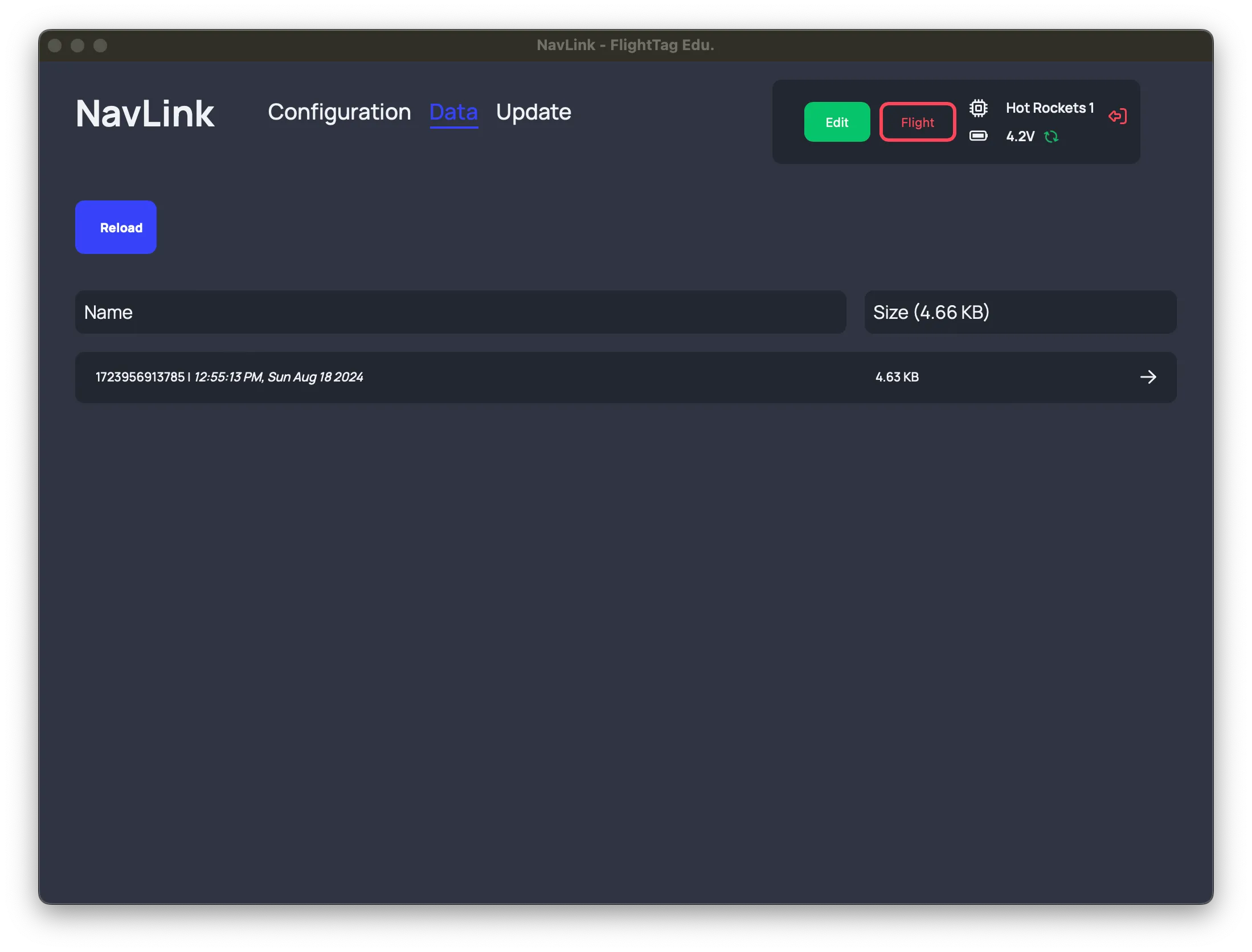 Flight Data retrieval window in the NavLink app. Retrieval must be initiated by clicking on fetch data.
