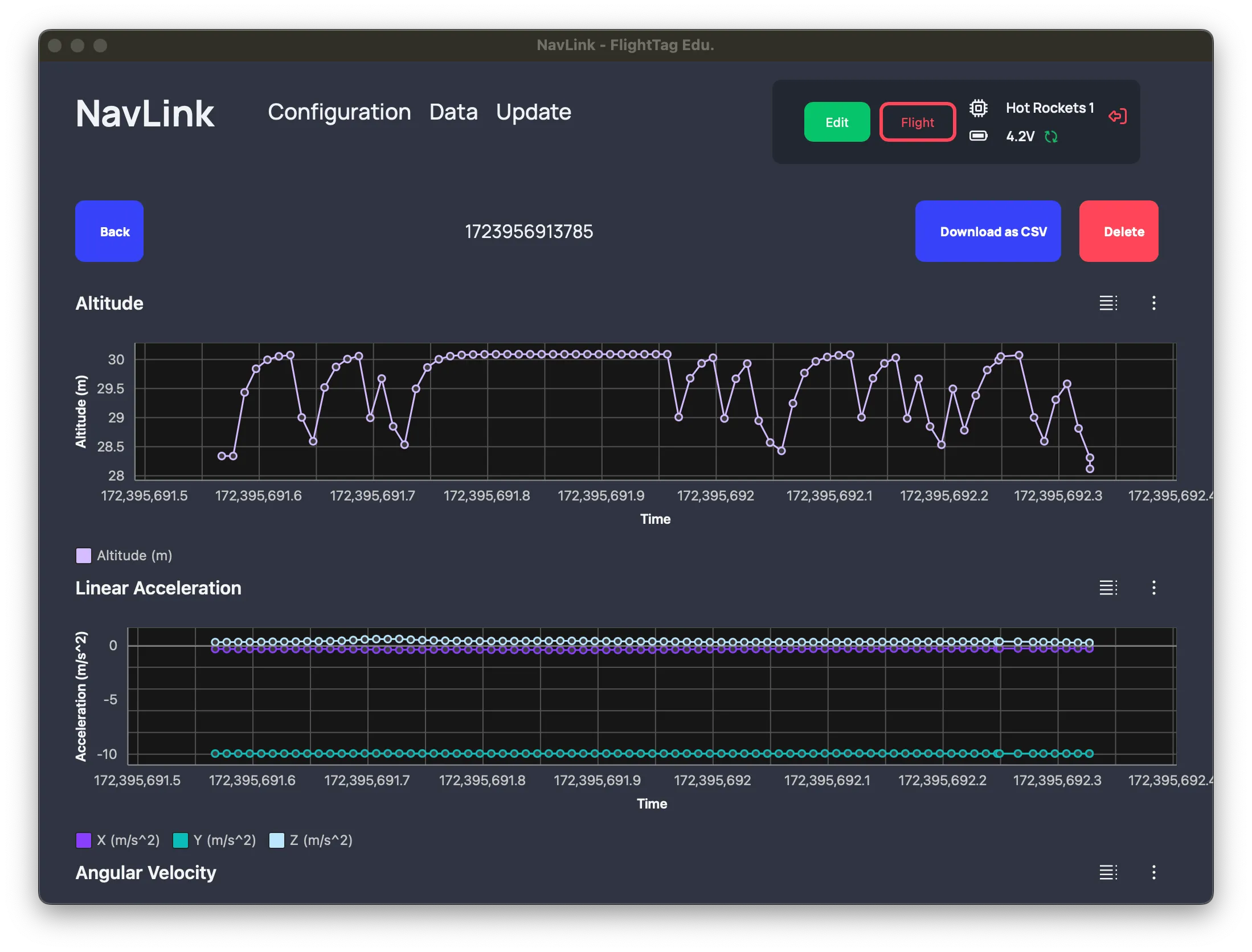 Flight Data retrieval window in the NavLink app. Retrieval must be initiated by clicking on fetch data.