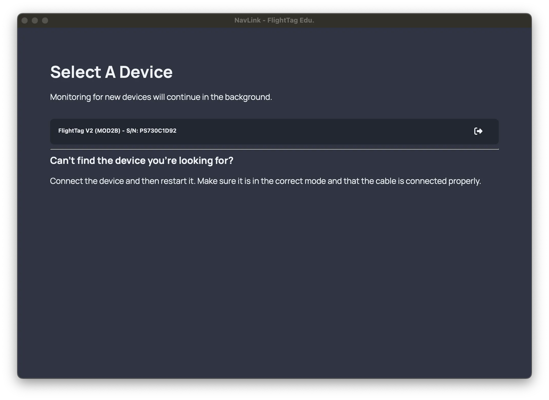 Select a device window in the NavLink app.